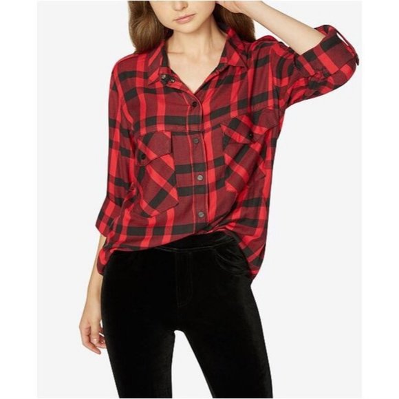 Sanctuary Boyfriend Shirt Red Plaid Button Down - Picture 7 of 7